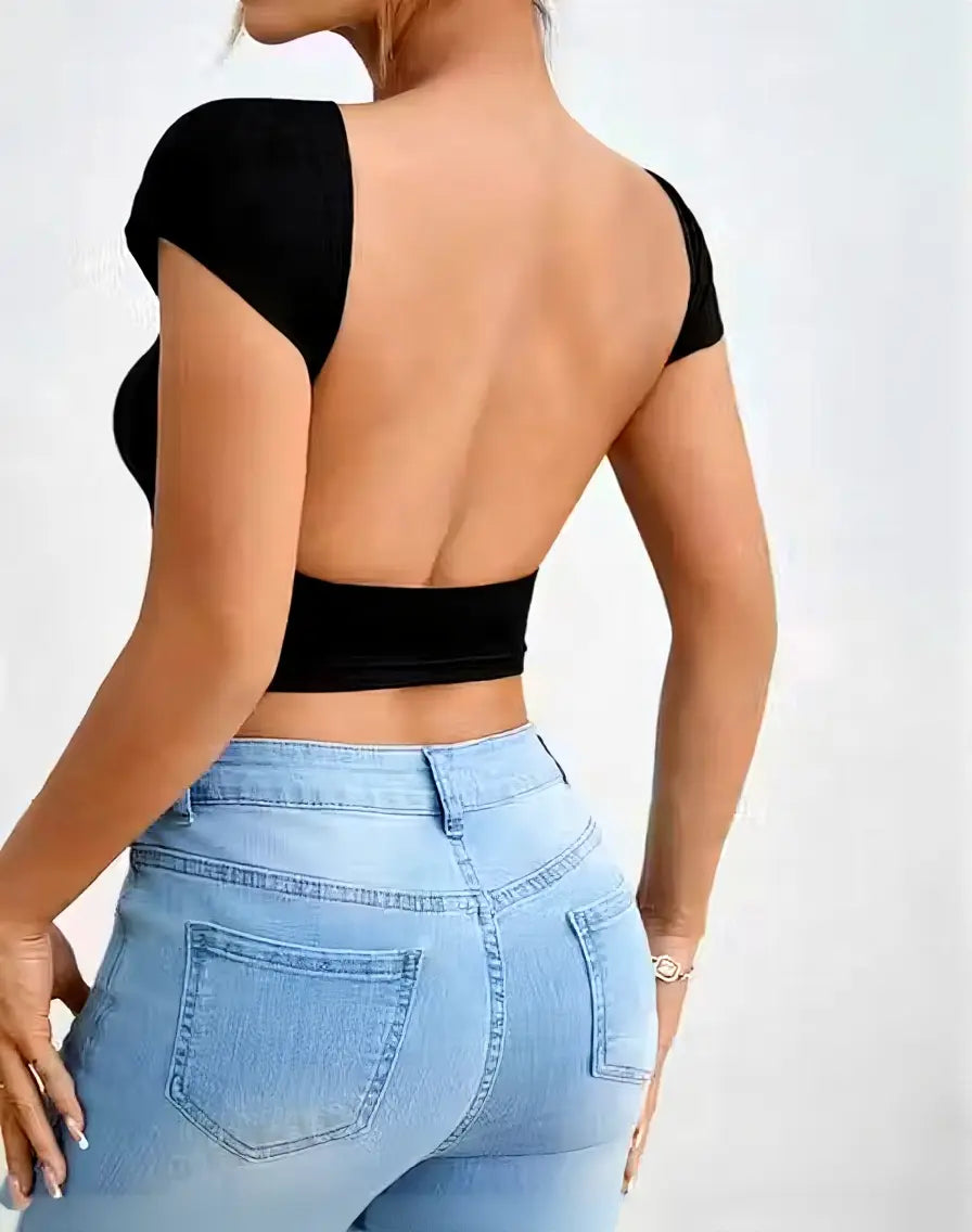 Backless lycra top for women black half sleeve 