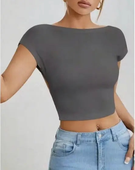 Grey half sleeve backless crop top women side angle
