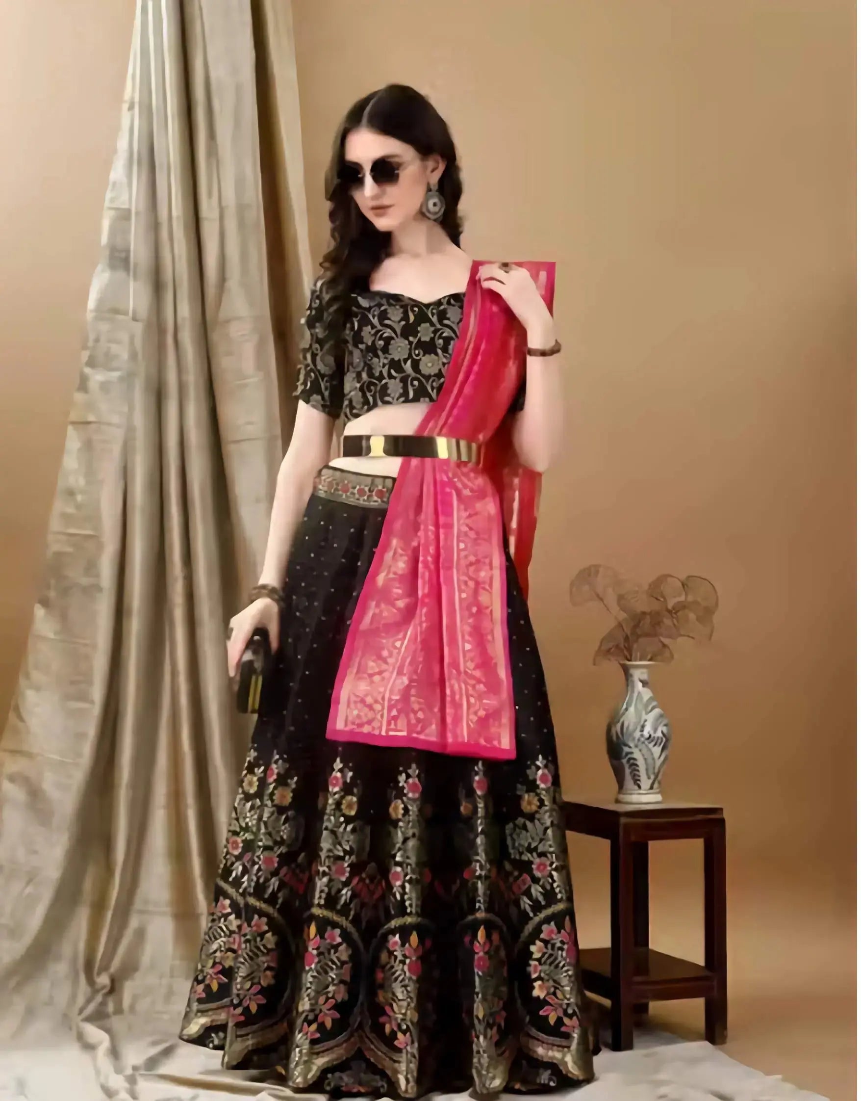 Black Banarasi art silk lehenga choli for women front view