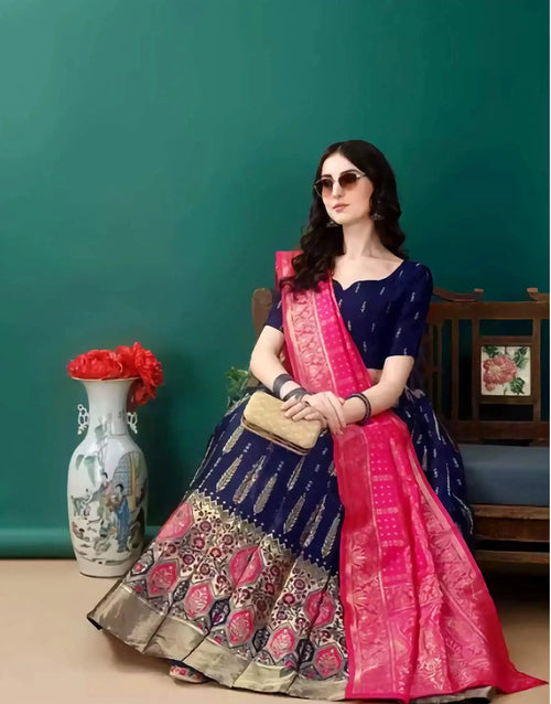 Banarasi jacquard art silk lehenga choli in navy blue with pink embellished dupatta for wedding and party wear
