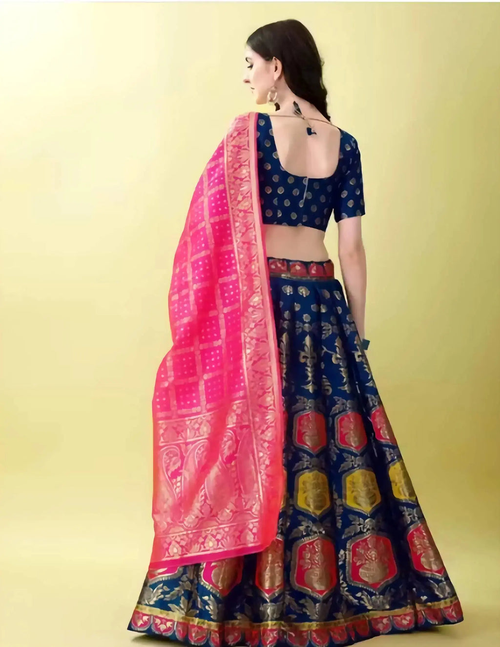 Back view of blue Banarasi jacquard lehenga with ethnic motifs