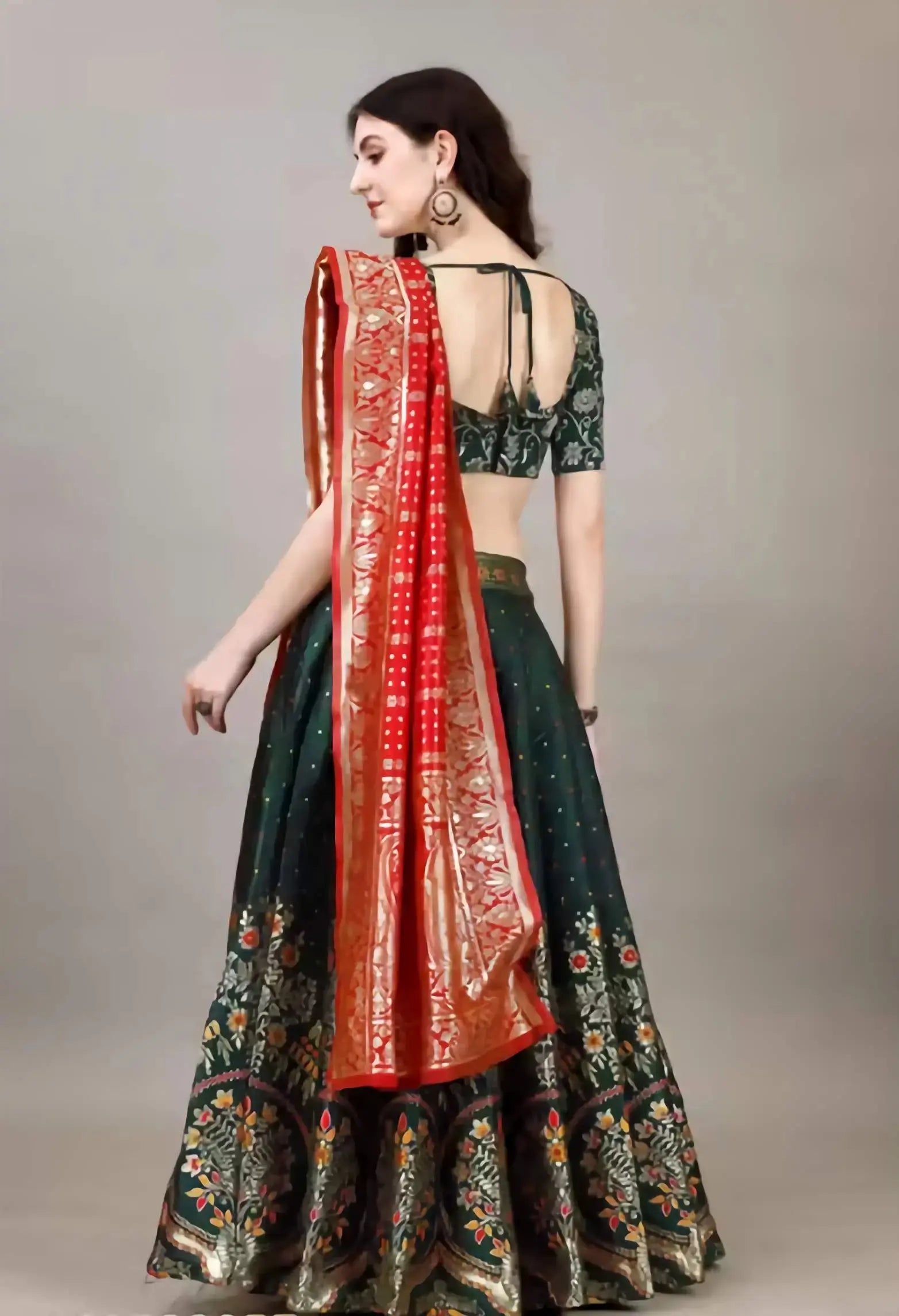 Back view of Banarasi jacquard lehenga choli with zari work