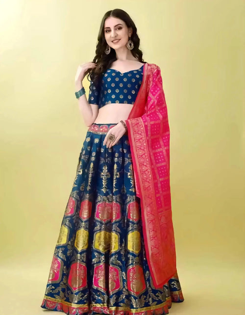 Blue Banarasi jacquard lehenga choli with pink dupatta front view