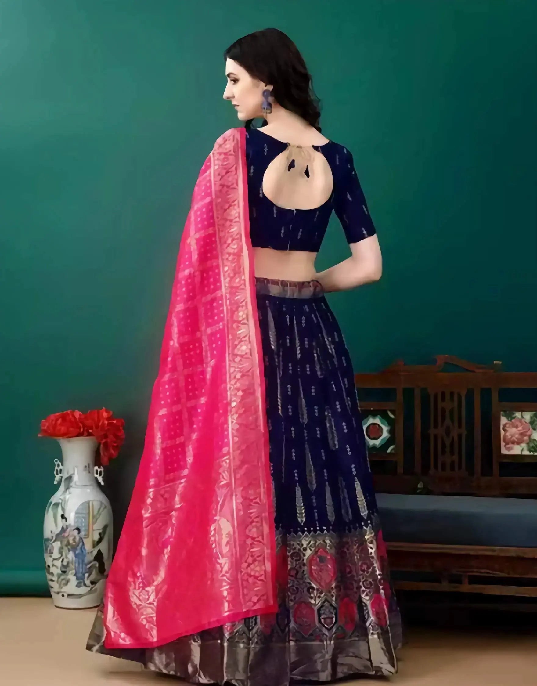 Close-up of Banarasi jacquard lehenga choli showing ethnic motif design and rich art silk fabric