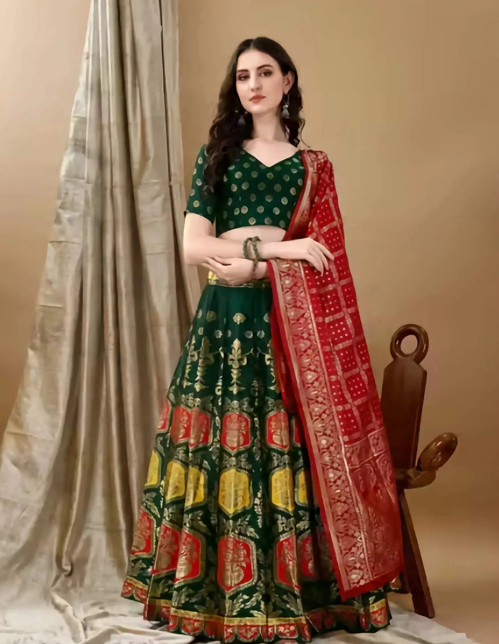 Green Banarasi jacquard lehenga choli with pink dupatta front view