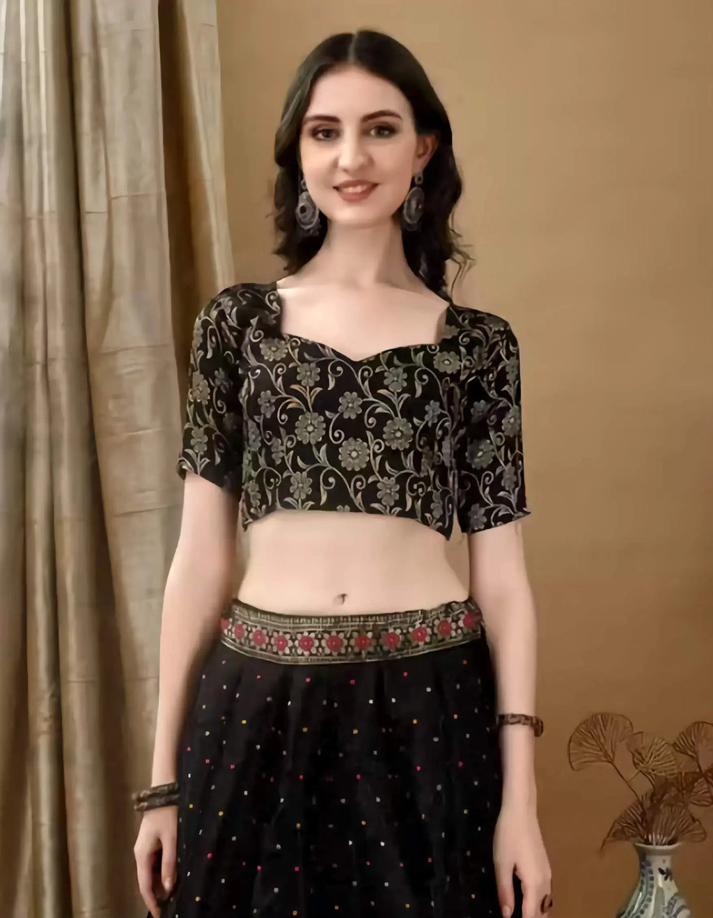 Side view of Banarasi art silk jacquard lehenga choli for wedding wear