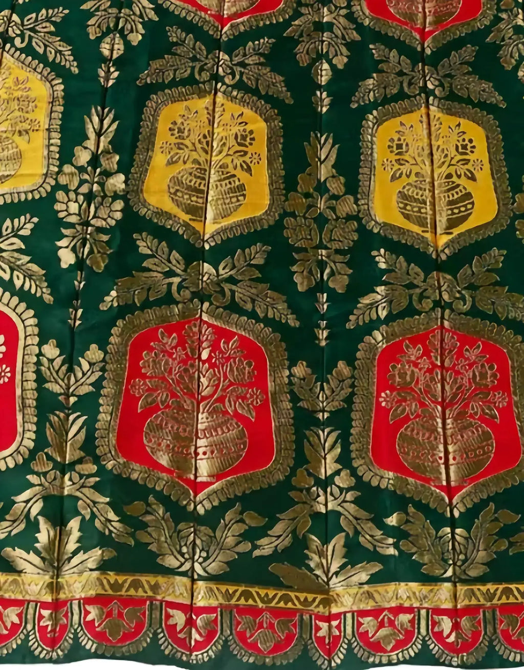Detailed view of jacquard ethnic motifs on Banarasi lehenga skirt