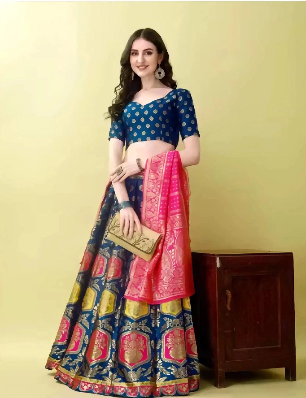 Banarasi jacquard lehenga choli styled for wedding and festive wear