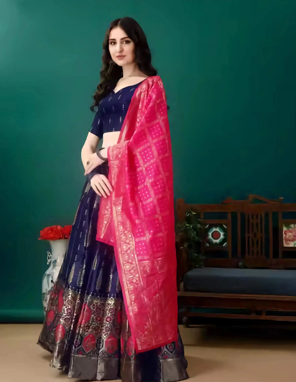 Full view of Banarasi jacquard lehenga choli set with dupatta for women wedding and festive wear