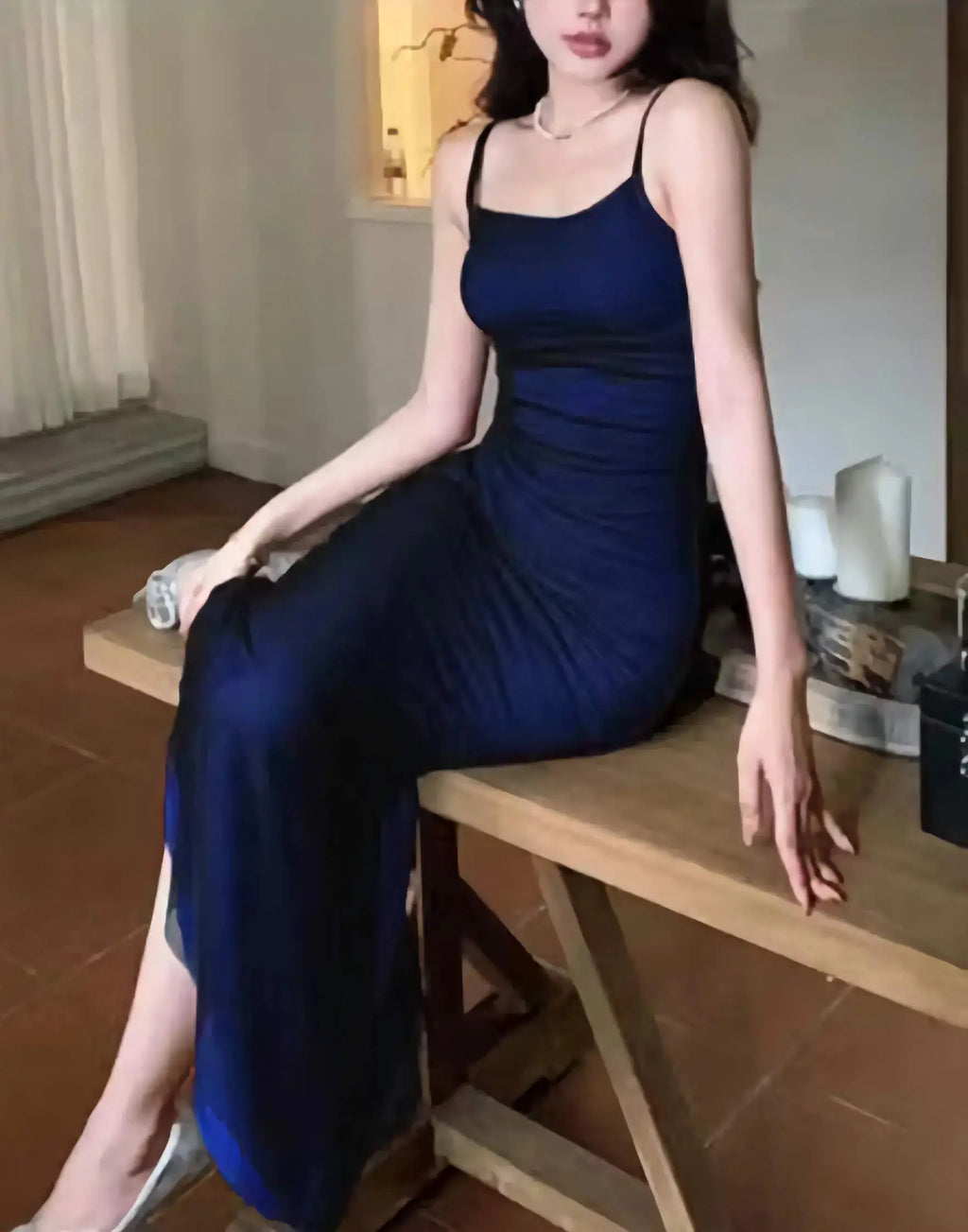 Side view of blue western lycra strapless bodycon dress with body hugging fit