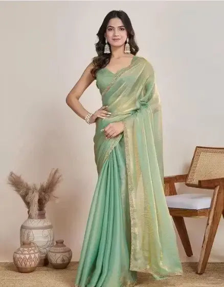 Green solid crush chiffon saree for women