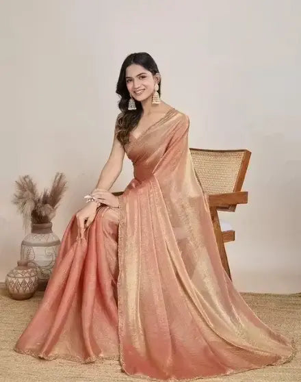 Peach color crush chiffon saree with rich border