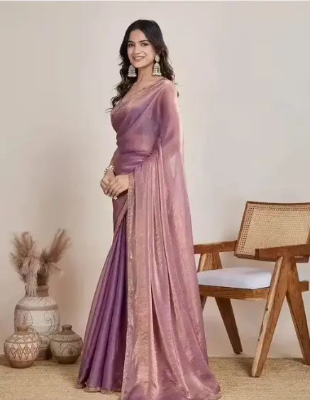 Pink solid crush chiffon saree party wear