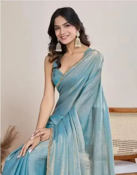 Elegant pleats detail of solid crush chiffon saree