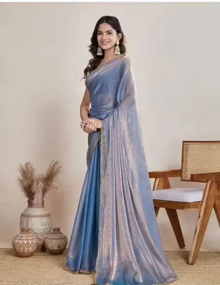 Side view of elegant crush chiffon saree drape