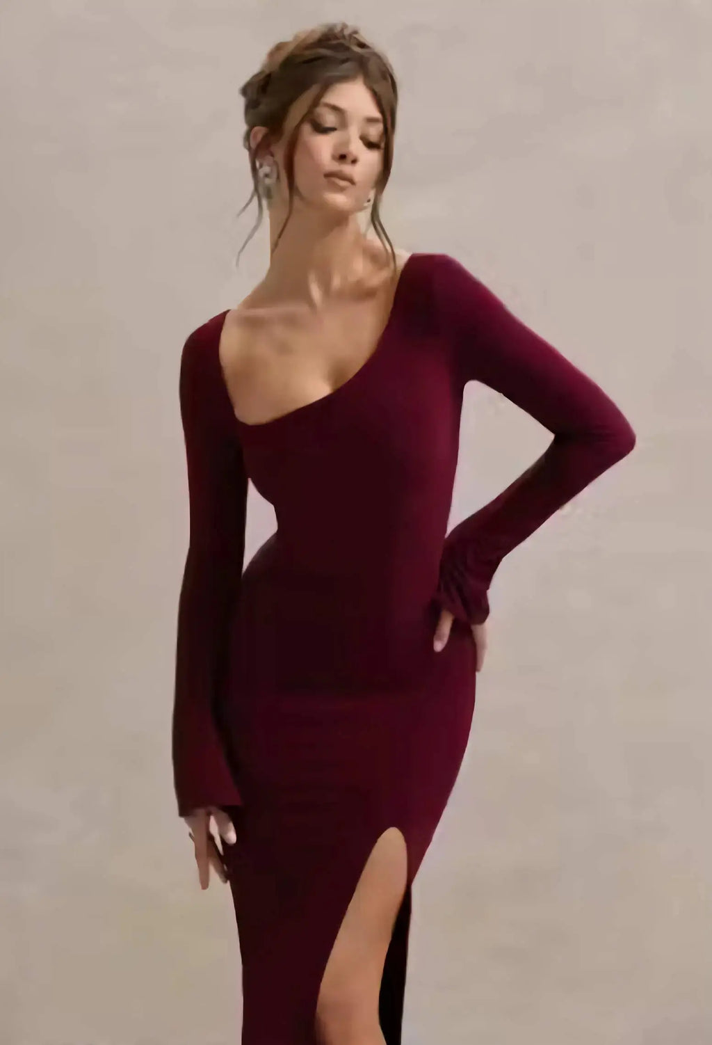 Front slit full sleeve bodycon dress for women showing slim fit silhouette