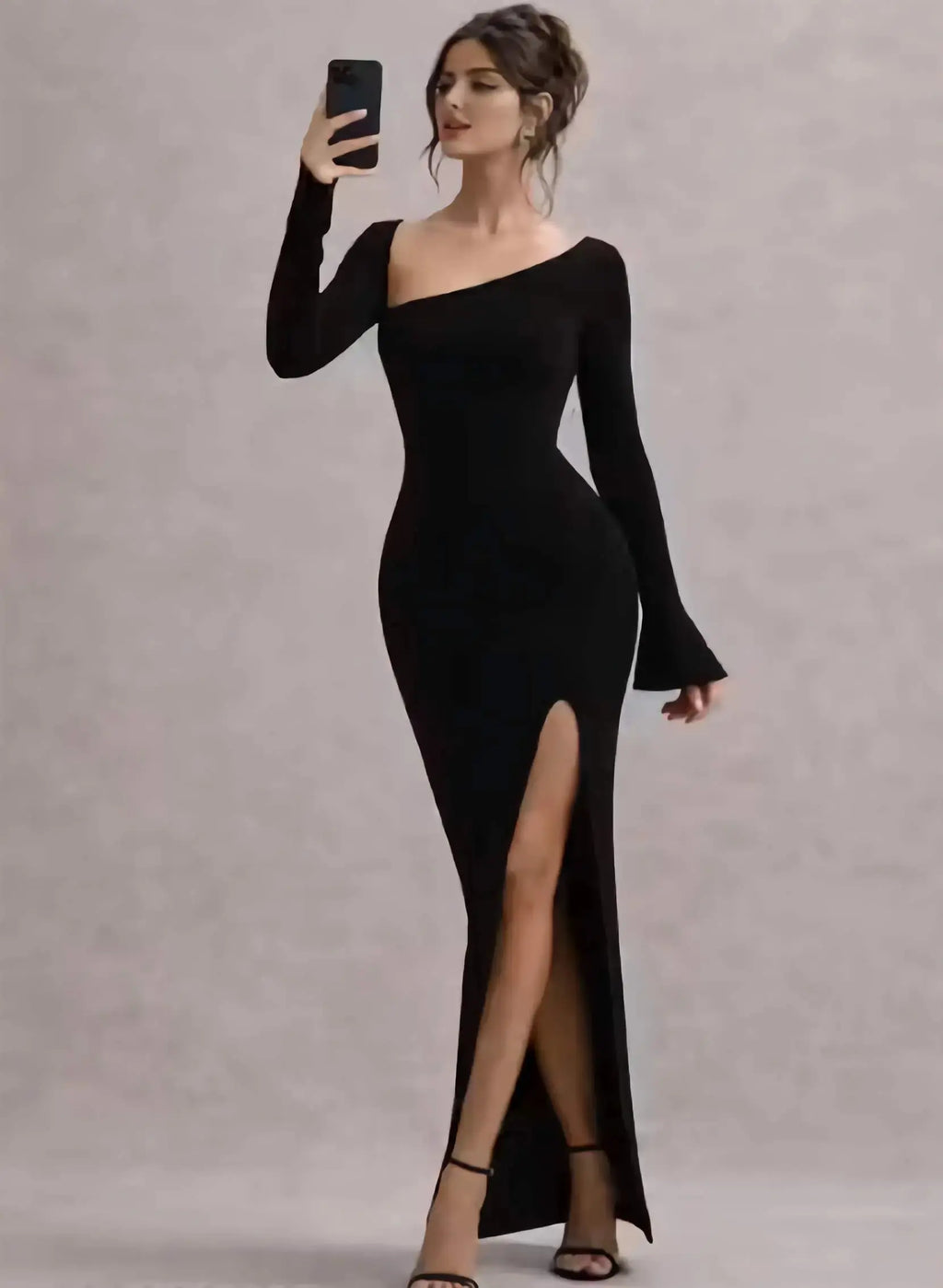 Full sleeve black bodycon maxi dress for women styled for party and evening wear