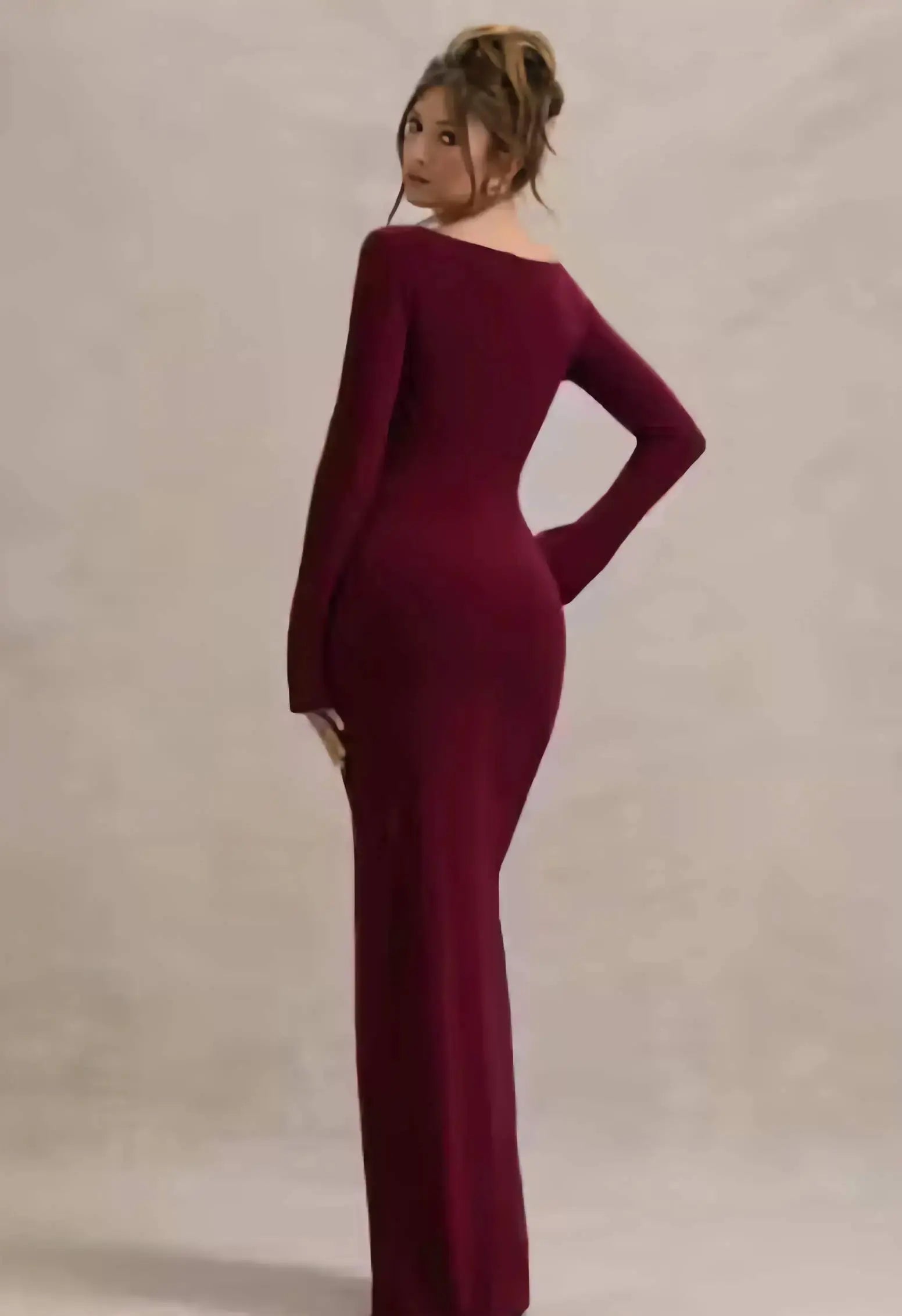 Back view of full sleeve bodycon maxi dress for women in stretchable lycra