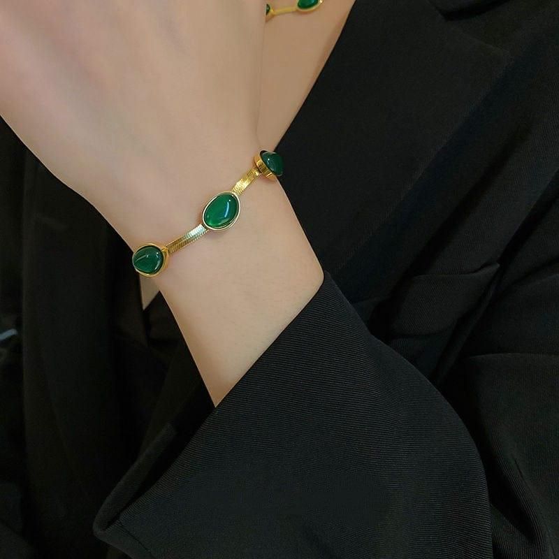Gold plated green crystal bracelet for women in stainless steel