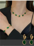 Green crystal necklace and bracelet set for women in gold plated stainless steel