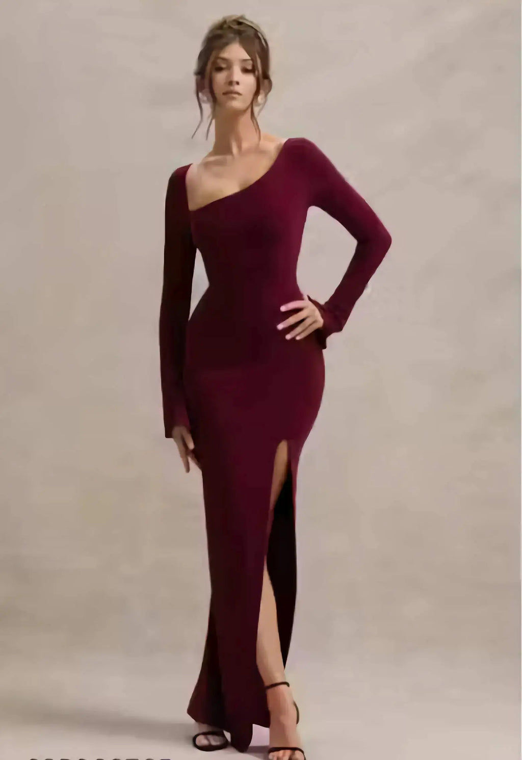 Maroon full sleeve bodycon maxi dress for women with front slit