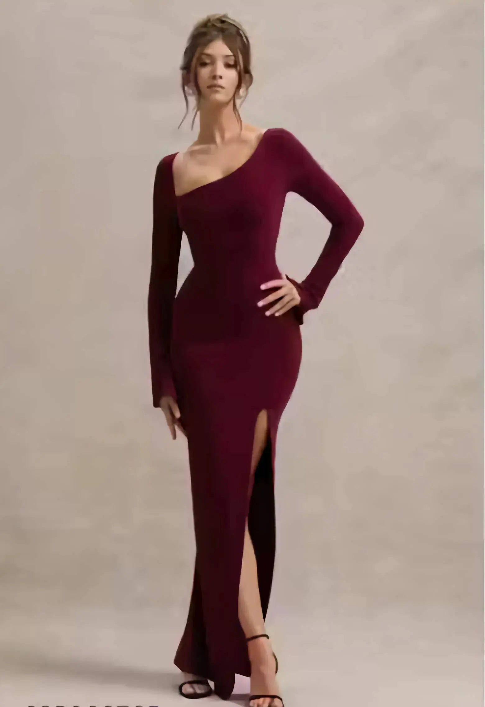 Maroon full sleeve bodycon maxi dress for women with front slit