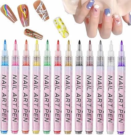 Close-up of 12 individual Nail Art Pens in vibrant multicolor shades