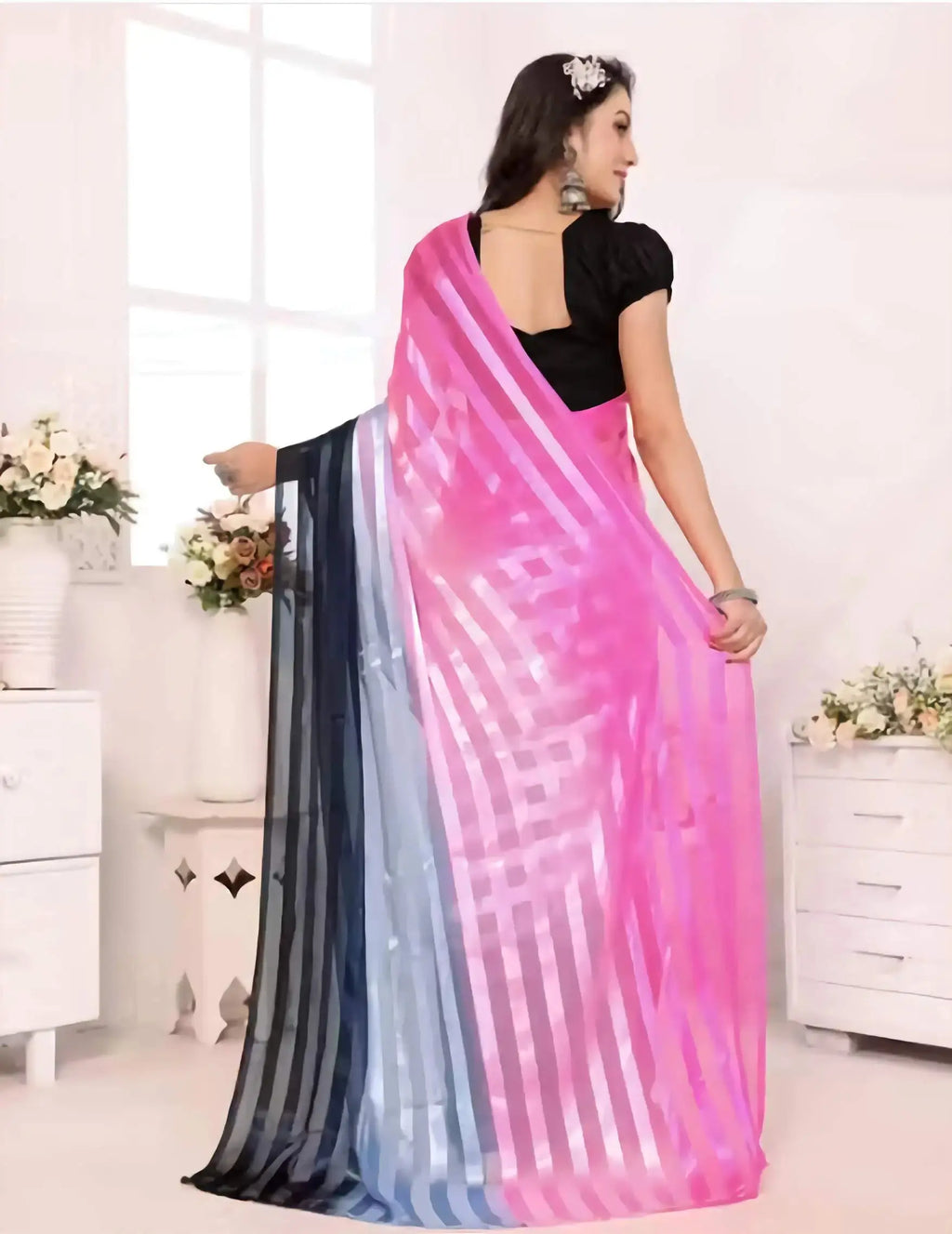 Pink and navy blue striped satin silk saree elegant drape
