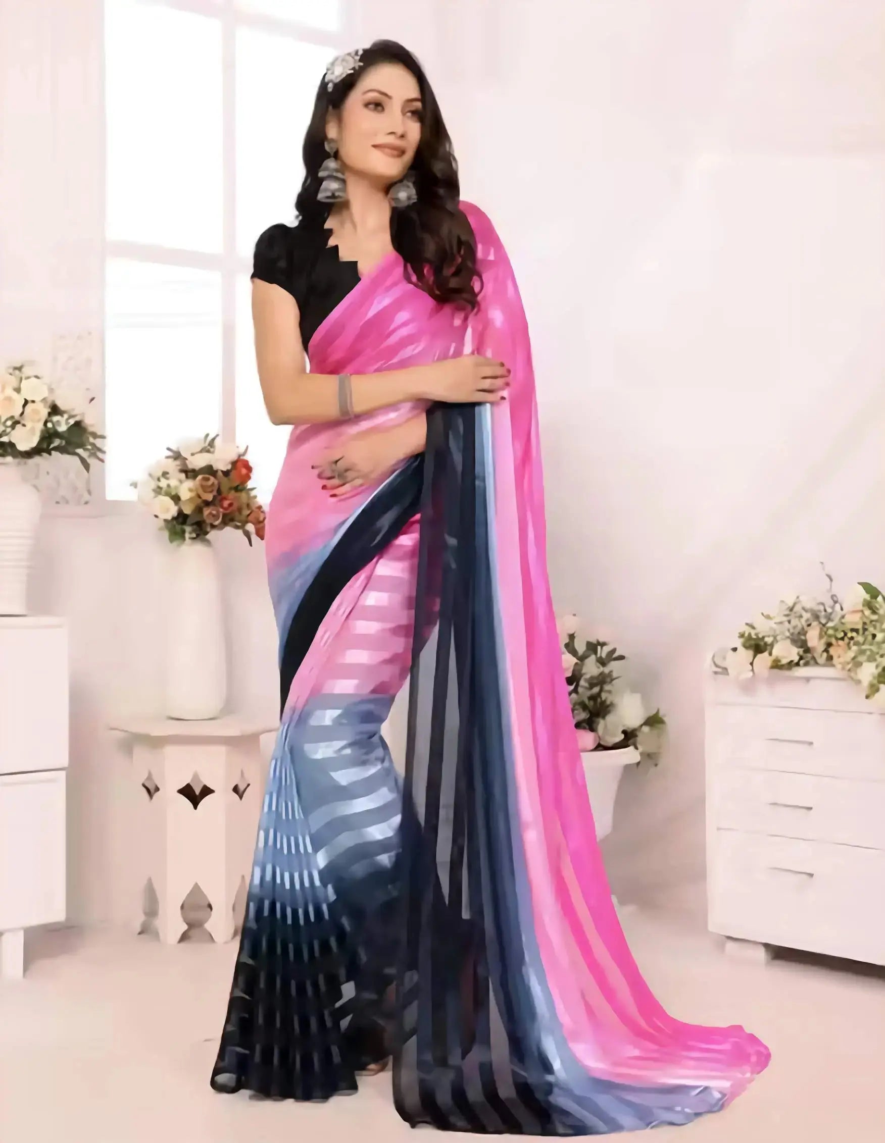 Pink satin silk saree with navy blue striped pattern front view