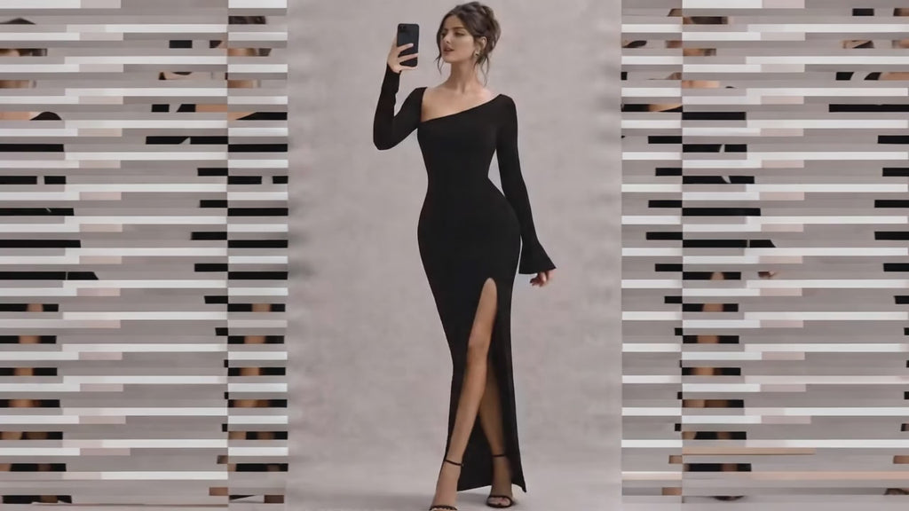 Full sleeve bodycon maxi dress for women with front slit in stretchable lycra fabric for party and casual wear