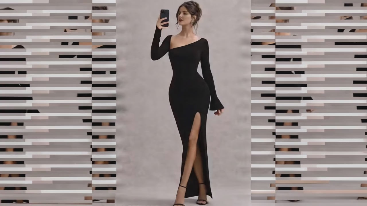 Full sleeve bodycon maxi dress for women with front slit in stretchable lycra fabric for party and casual wear