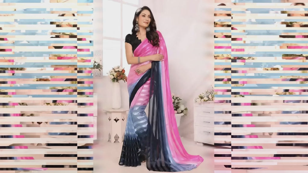 Pink satin silk saree with striped design and unstitched blouse piece video