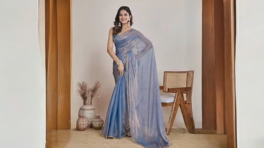 Animated view of crush chiffon saree with rich border and matching blouse for women