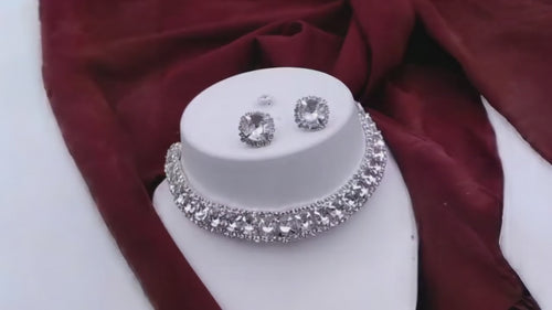 Animated view of AD stone silver plated choker and earrings jewelry set for women