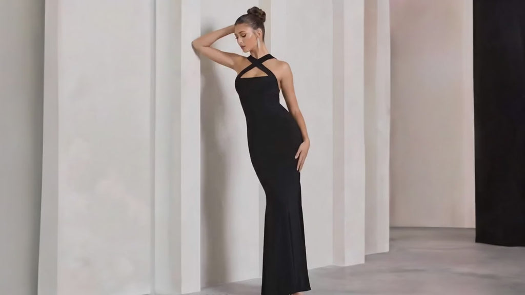 Looping video showcasing sleeveless bodycon full length dress for women