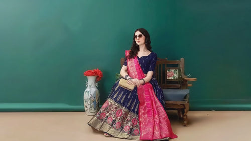 Banarasi jacquard art silk lehenga choli with pink dupatta styled for wedding, party and festive occasions