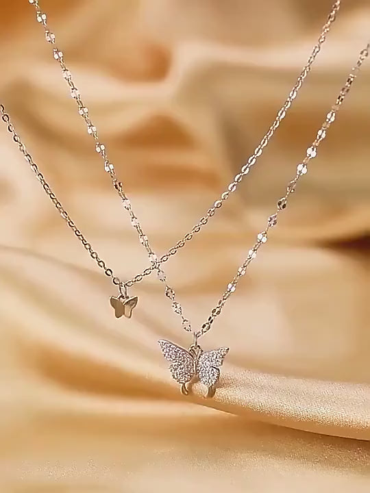 Double layer gold butterfly pendant necklace for women with zircon stones