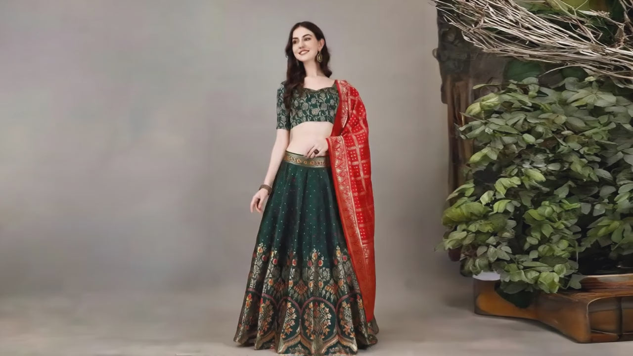 Model wearing Banarasi art silk jacquard lehenga choli for wedding and party wear