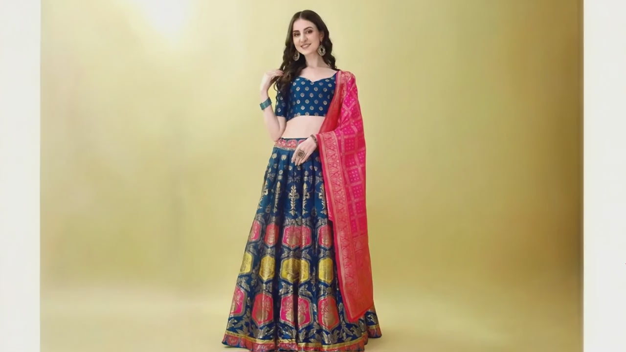 Model wearing Banarasi jacquard lehenga choli with pink dupatta for wedding wear