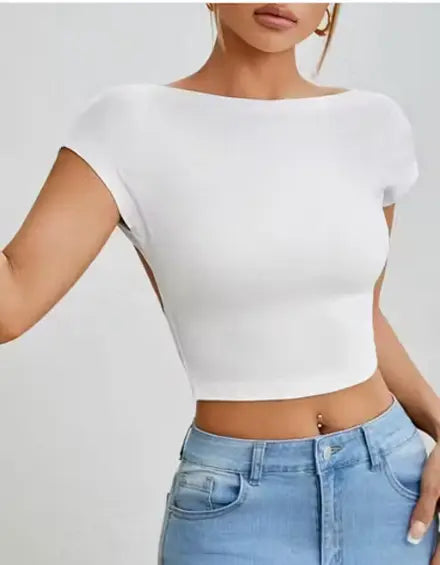 Half sleeve boat neckline detail white backless top