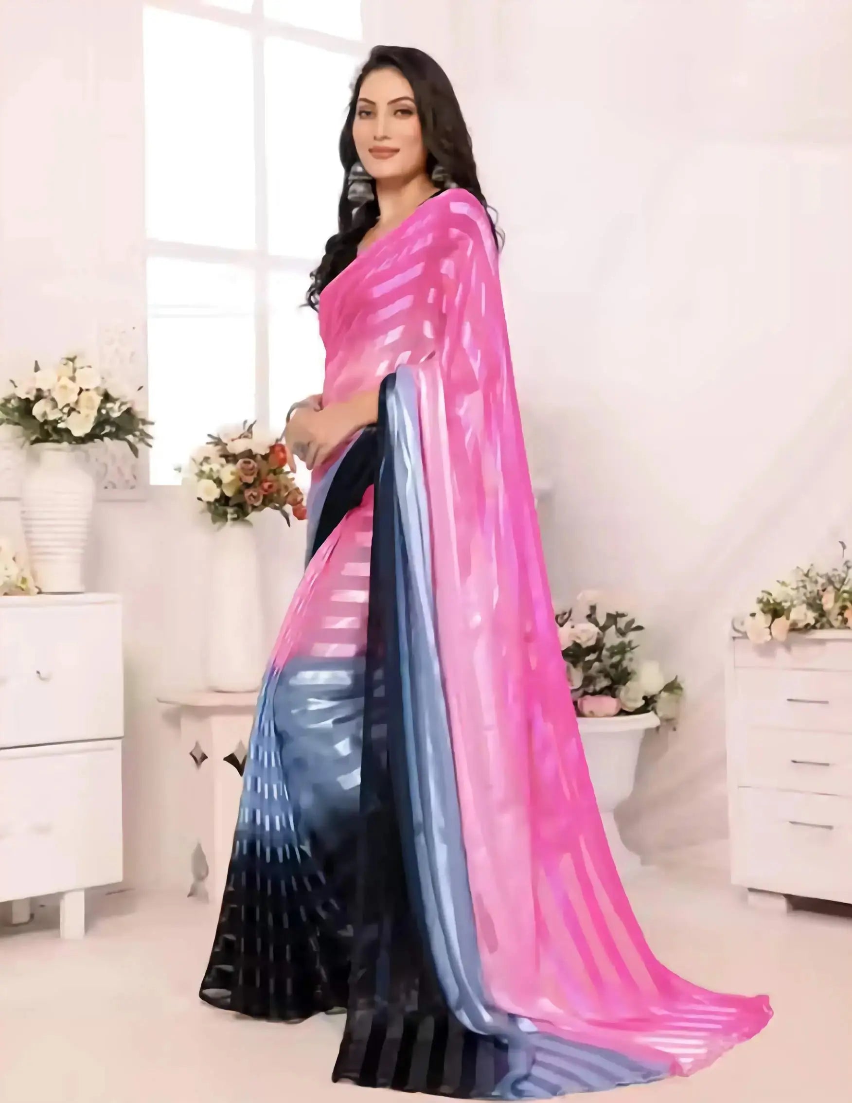 Satin silk saree with unstitched art silk blouse piece for women