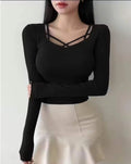Black square neck long sleeve crop top women