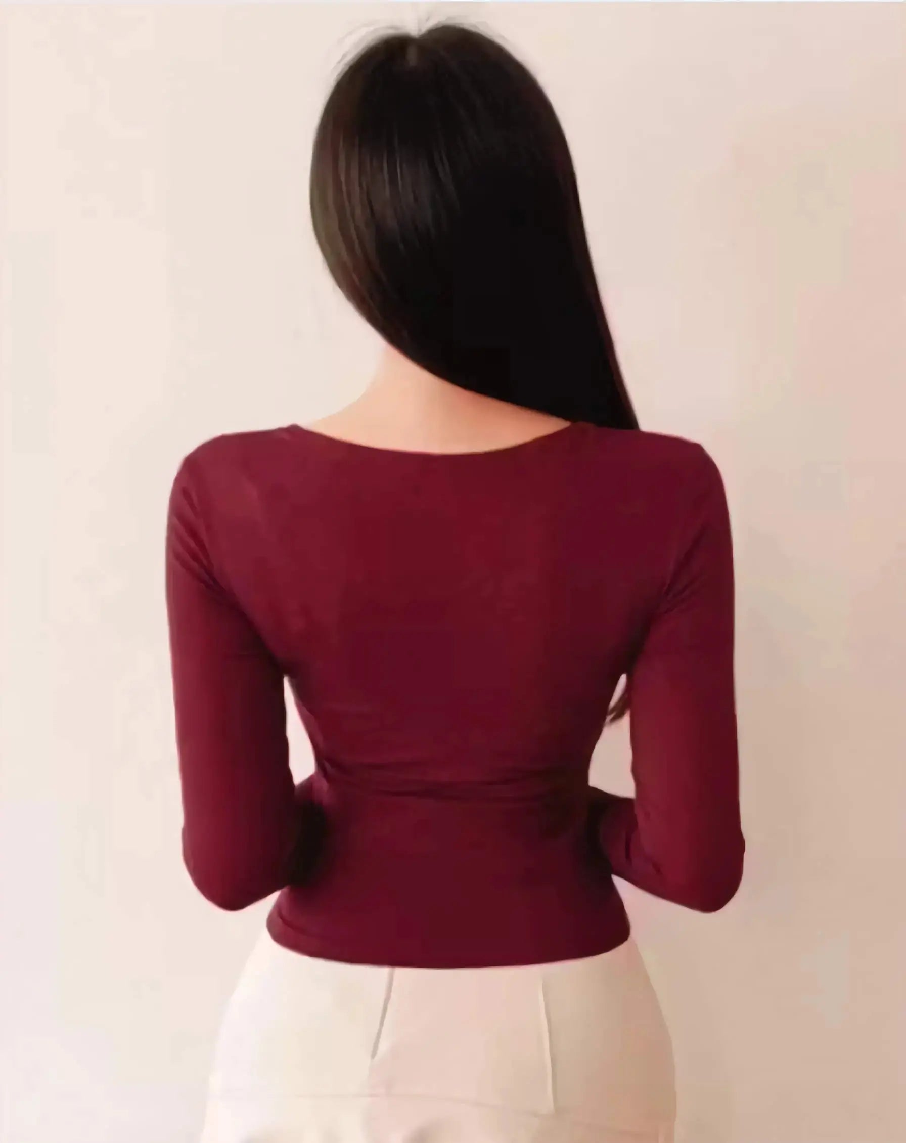 Square neck long sleeve crop top for women back view