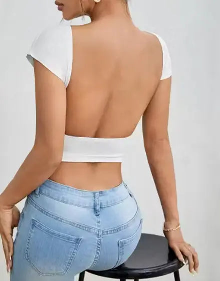 Women’s white backless lycra top half sleeve back view