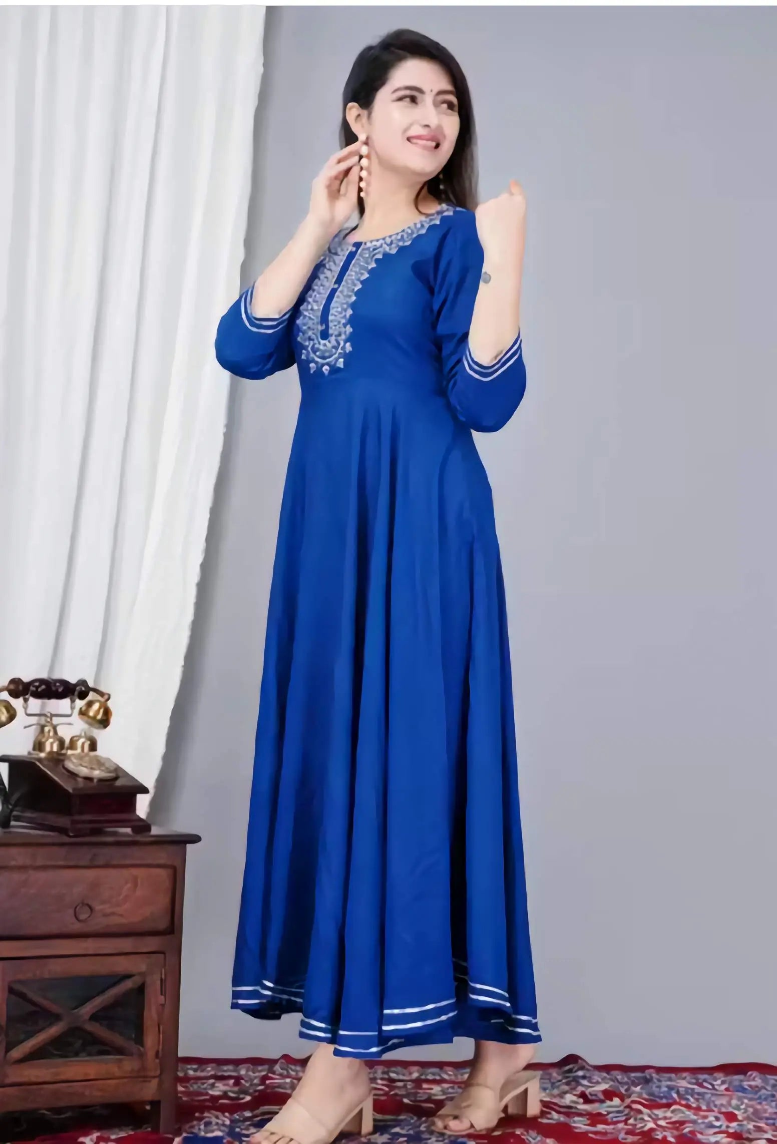 Blue ethnic Anarkali kurti for women with long flared silhouette