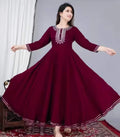 Maroon women rayon Anarkali kurti with traditional embroidery and gotta work sleeves