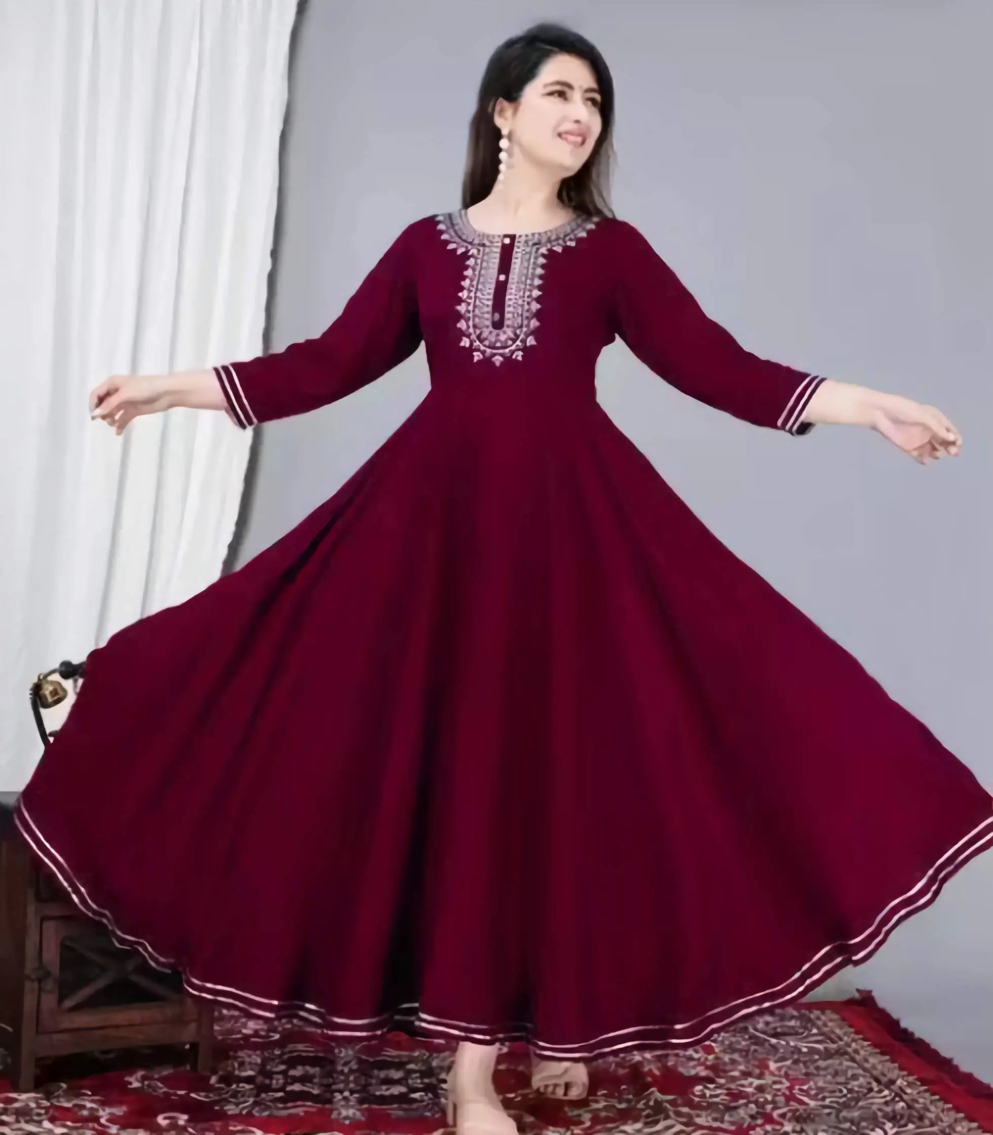 Maroon women rayon Anarkali kurti with traditional embroidery and gotta work sleeves