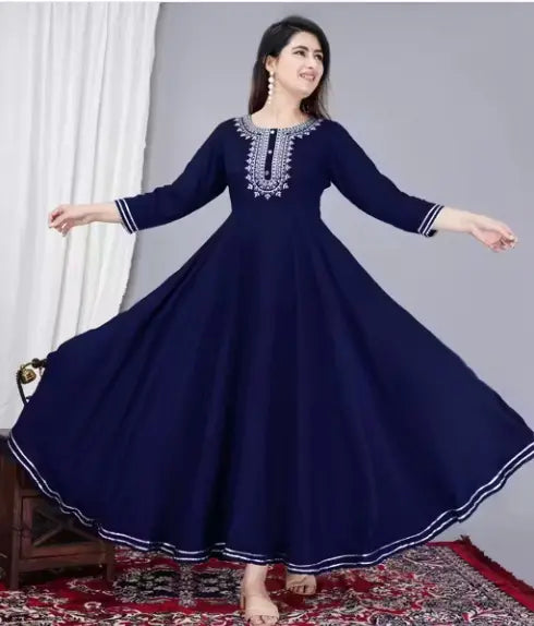 Navy blue women rayon Anarkali kurti with embroidered neck and gotta work sleeves