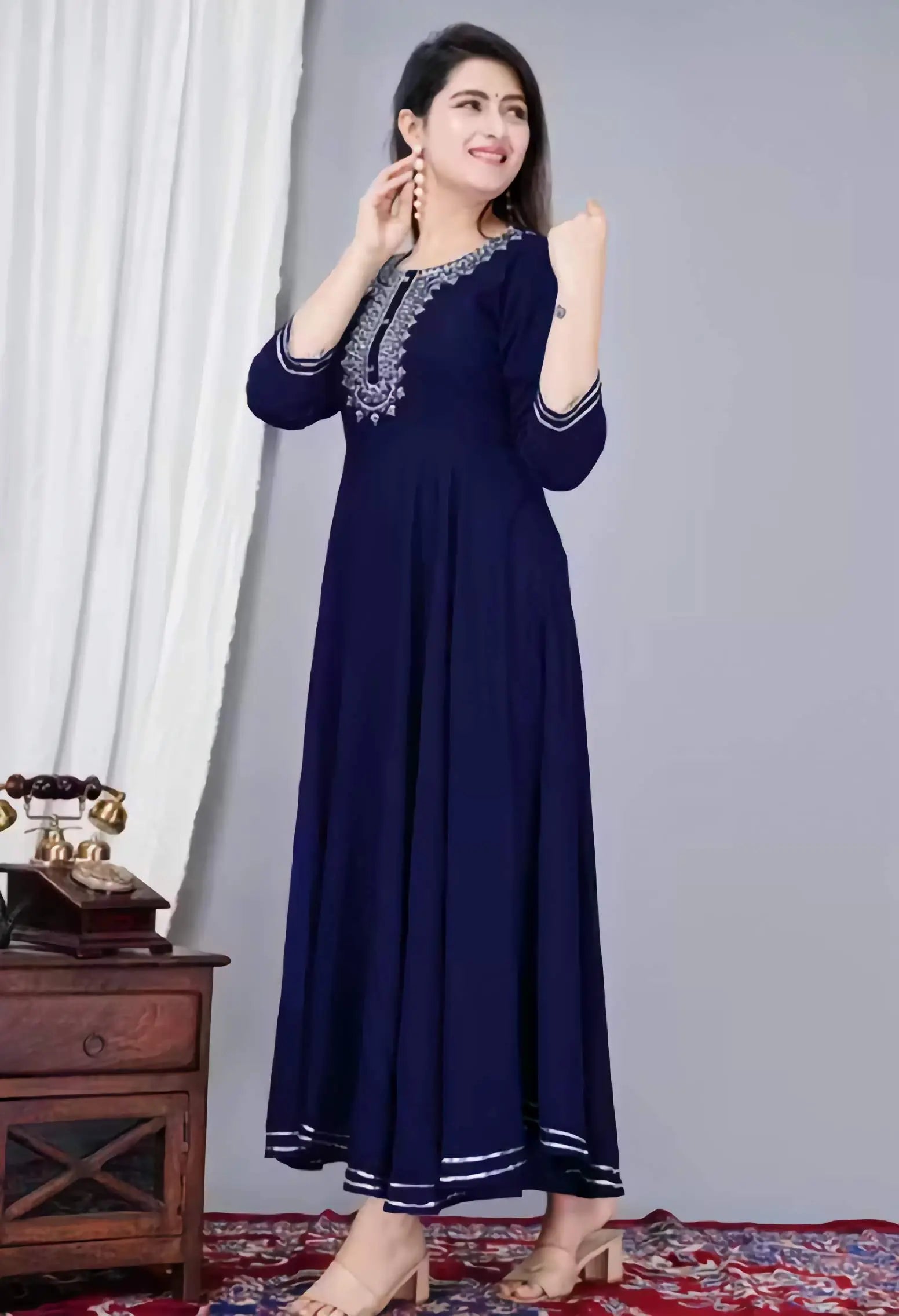 Navy blue solid rayon Anarkali kurti for women with flared design and 3/4 sleeves